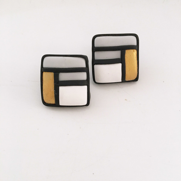 Σκουλαρίκια Μικρά "Mondrian" - chic, handmade, design, ιδιαίτερο, μοντέρνο, ακρυλικό, πηλός, μέταλλο, σκουλαρίκια, χειροποίητα, πρωτότυπα, minimal, καρφωτά, μικρά