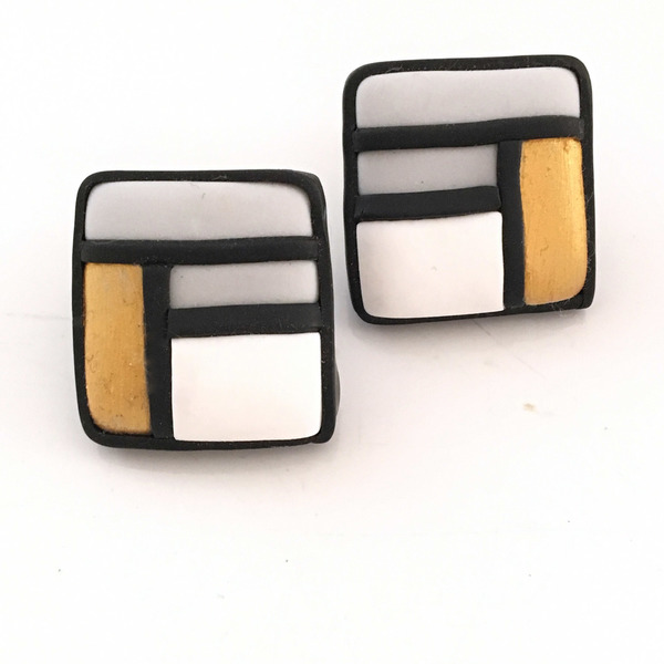 Σκουλαρίκια Μικρά "Mondrian" - chic, handmade, design, ιδιαίτερο, μοντέρνο, ακρυλικό, πηλός, μέταλλο, σκουλαρίκια, χειροποίητα, πρωτότυπα, minimal, καρφωτά, μικρά - 2