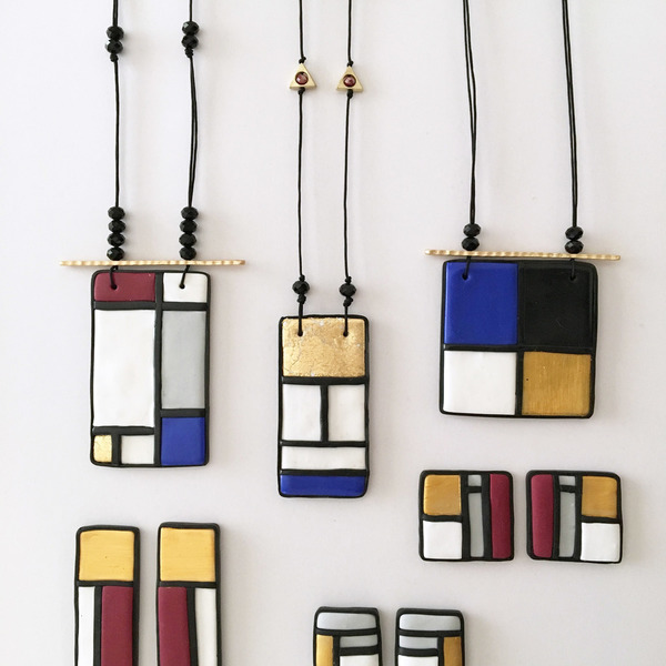 Σκουλαρίκια Μικρά "Mondrian" - chic, handmade, design, ιδιαίτερο, μοντέρνο, ακρυλικό, πηλός, μέταλλο, σκουλαρίκια, χειροποίητα, πρωτότυπα, minimal, καρφωτά, μικρά - 3