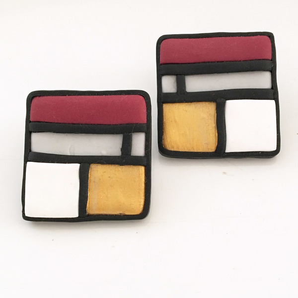Σκουλαρίκια Τετράγωνα "Mondrian" - chic, handmade, design, ιδιαίτερο, μοναδικό, μοντέρνο, ακρυλικό, πηλός, μέταλλο, σκουλαρίκια, χειροποίητα, πρωτότυπα, καρφωτά