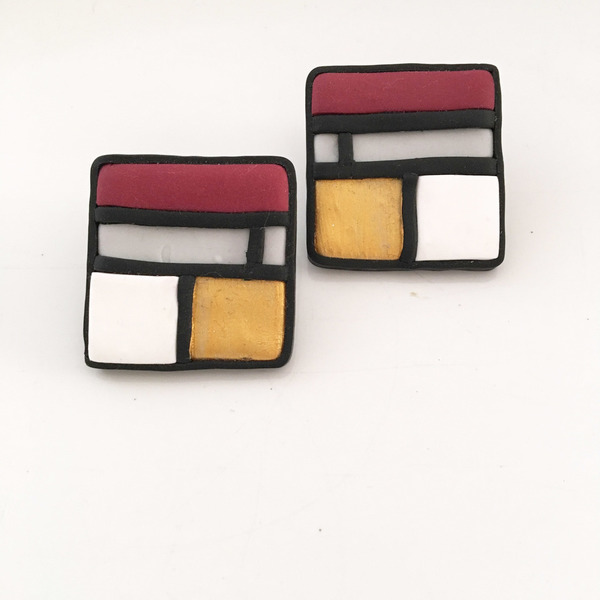 Σκουλαρίκια Τετράγωνα "Mondrian" - chic, handmade, design, ιδιαίτερο, μοναδικό, μοντέρνο, ακρυλικό, πηλός, μέταλλο, σκουλαρίκια, χειροποίητα, πρωτότυπα, καρφωτά - 2