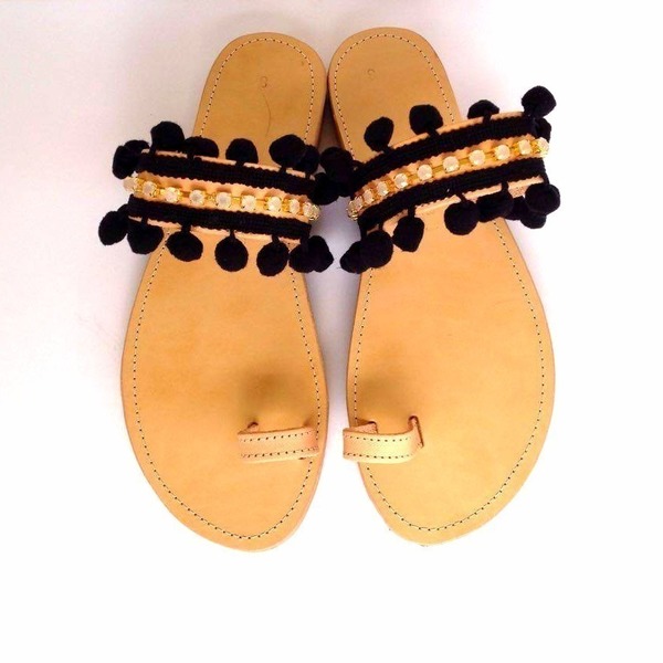 Rhinestone and pom pom sandals - δέρμα, chic, στρας, καλοκαιρινό, pom pom, σανδάλια, χειροποίητα, boho, φλατ - 2