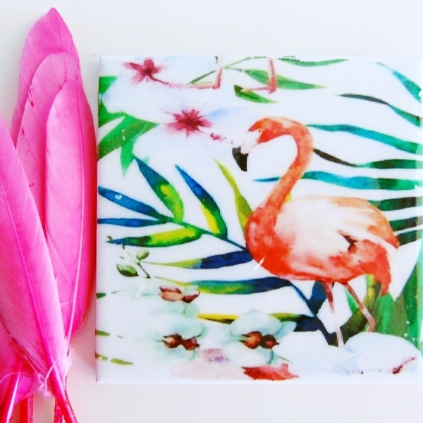 Κεραμικά σουβερ ''Φλαμίνγκο'' - ροζ, καλοκαιρινό, ιδιαίτερο, σουβέρ, δώρο, κεραμικό, κεραμικό, πορσελάνη, flamingos - 2
