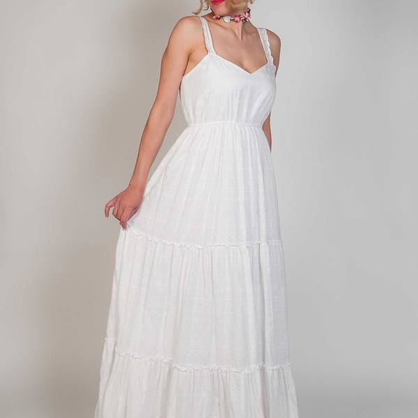 White Lace Dress - βαμβάκι, βραδυνά, δαντέλα, καλοκαιρινό, αμάνικο, γάμος, romantic, βάπτιση - 5