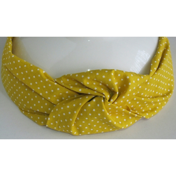 Yellow Polka Dots Headband - κορδέλα, βαμβάκι, chic, ελαστικό, πουά, χειροποίητα, απαραίτητα καλοκαιρινά αξεσουάρ, boho, για τα μαλλιά