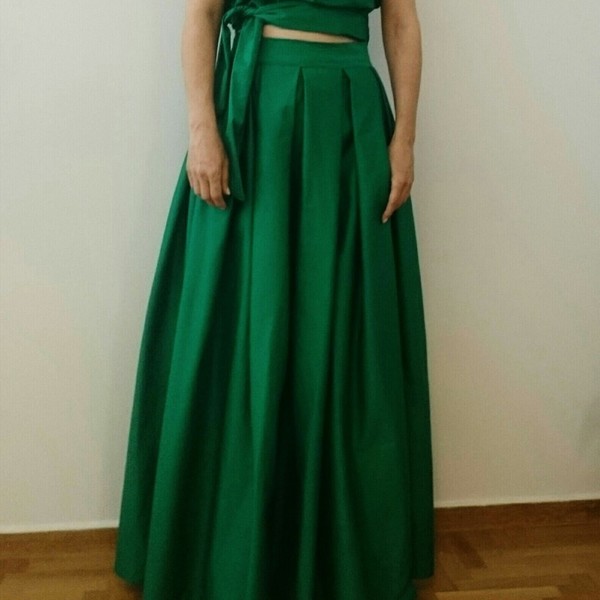 Πράσινη maxi φούστα με κουφοπιετες και τοπακι - βαμβάκι - 3