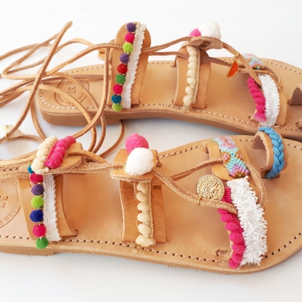 "Hippie hippie sandals"Χειροποιητα πολύχρωμα σανδάλια - fashion, κορδόνια, summer, boho, gladiator, φλατ - 4