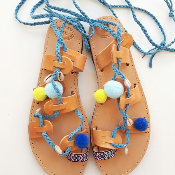 "Deep blue"sandals - fashion, κορδόνια, χειροποίητα, summer, boho, φλατ - 3