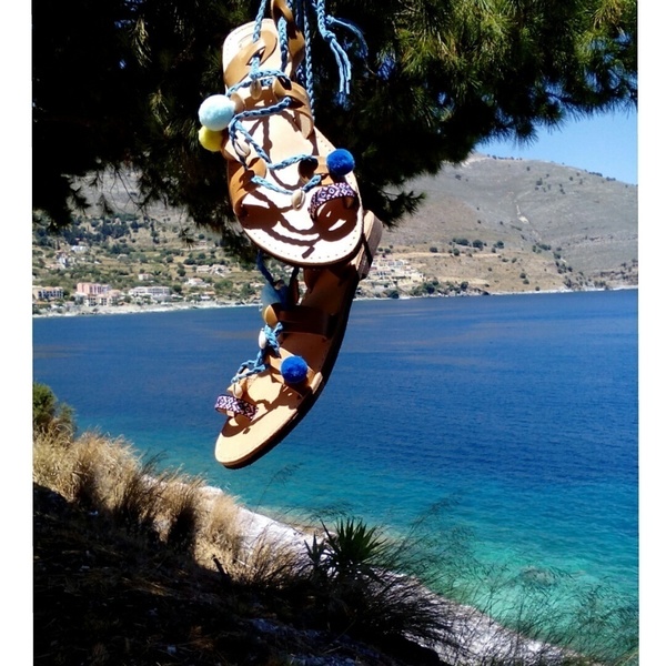 "Deep blue"sandals - fashion, κορδόνια, χειροποίητα, summer, boho, φλατ - 2