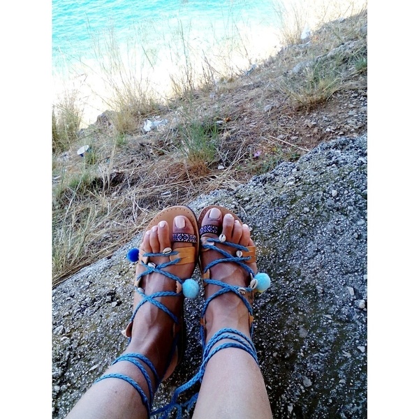 "Deep blue"sandals - fashion, κορδόνια, χειροποίητα, summer, boho, φλατ - 4