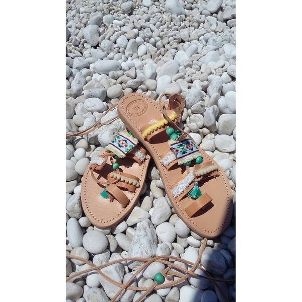 "African"sandals Χειροποίητα σανδάλια με χαντρες - fashion, κορδόνια, χειροποίητα, πέτρες, summer, boho, gladiator, φλατ - 2