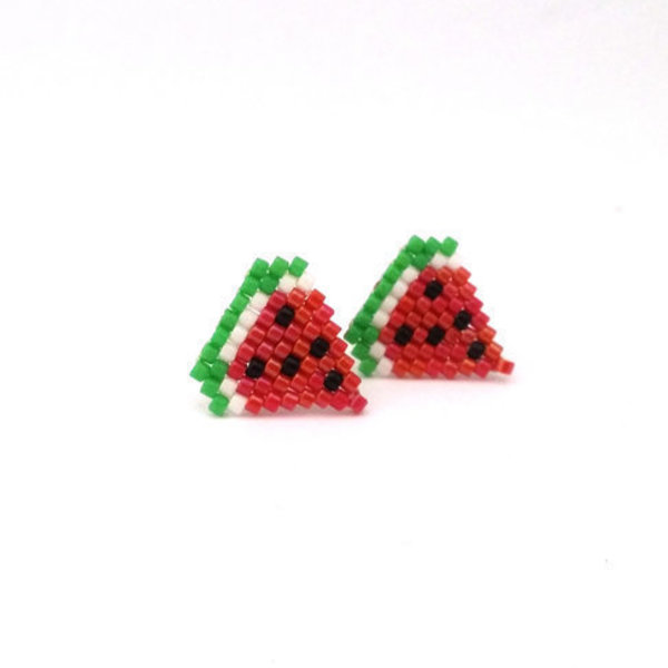 Watermelon studs earrings, χειροποίητα σκουλαρίκια καρπούζια από χάντρες - chic, καλοκαιρινό, μοναδικό, μοντέρνο, κορίτσι, δώρο, κορδόνια, σκουλαρίκια, χειροποίητα, summer, χάντρες, καρπούζι, miyuki delica, απαραίτητα καλοκαιρινά αξεσουάρ, must αξεσουάρ, διακριτικό, faux bijoux, δώρα για γυναίκες, φθηνά