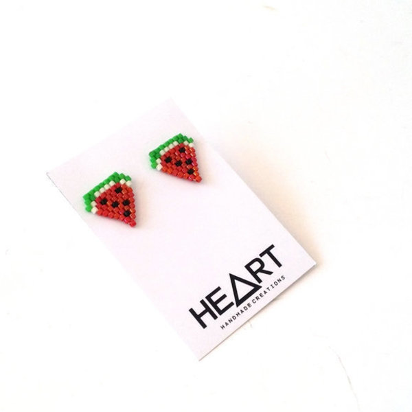 Watermelon studs earrings, χειροποίητα σκουλαρίκια καρπούζια από χάντρες - chic, καλοκαιρινό, μοναδικό, μοντέρνο, κορίτσι, δώρο, κορδόνια, σκουλαρίκια, χειροποίητα, summer, χάντρες, καρπούζι, miyuki delica, απαραίτητα καλοκαιρινά αξεσουάρ, must αξεσουάρ, διακριτικό, faux bijoux, δώρα για γυναίκες, φθηνά - 3