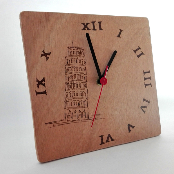 Ξύλινο ρολόι τοίχου "Torre di Pisa" - ξύλο, ρολόι, διακόσμηση, decor, τοίχου, δώρα γάμου, ξύλινο, gift idea, ξύλινα διακοσμητικά, ρολόγια - 2