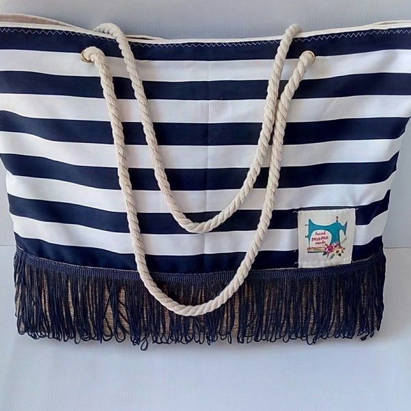 Navy beachbag!!! - ύφασμα, ριγέ, καλοκαίρι, καμβάς, κουρελού, τσάντα, κορδόνια, παραλία, θάλασσα, κρόσσια, θαλάσσης - 3