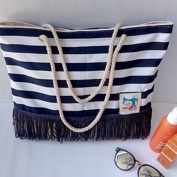 Navy beachbag!!! - ύφασμα, ριγέ, καλοκαίρι, καμβάς, κουρελού, τσάντα, κορδόνια, παραλία, θάλασσα, κρόσσια, θαλάσσης - 4