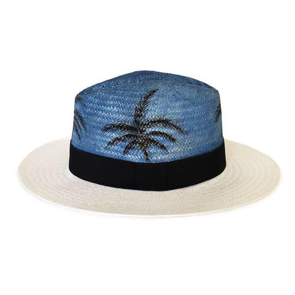 PALM TREES BLUE PANAMA HAT - ζωγραφισμένα στο χέρι, γυναικεία, καλοκαίρι, ανδρικά, ψάθα, summer, παραλία, all day, απαραίτητα καλοκαιρινά αξεσουάρ, all season, για παιδιά