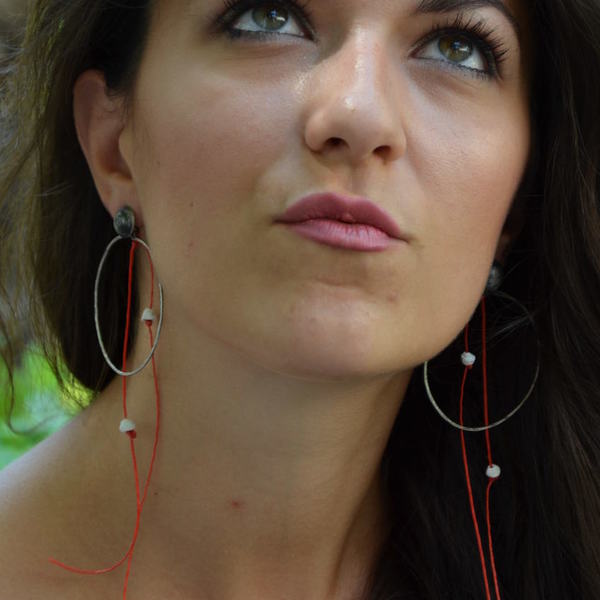 ''Red cords'' earrings - ασήμι, μοντέρνο, κεραμικό, κορδόνια, χειροποίητα, κρίκοι, minimal - 4