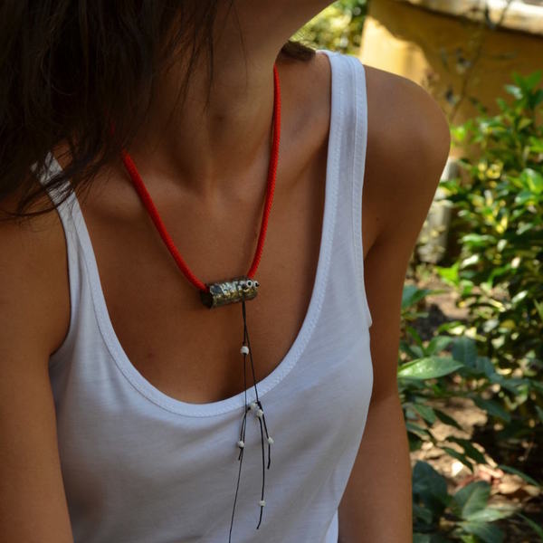 ''Red cords'' necklace - ιδιαίτερο, μοναδικό, ασήμι 925, κεραμικό, κολιέ, κορδόνια - 4