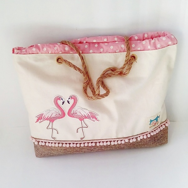 The flamingos beach bag! - βαμβάκι, καμβάς, πουά, τσάντα, κορδόνια, παραλία, flamingos, θαλάσσης