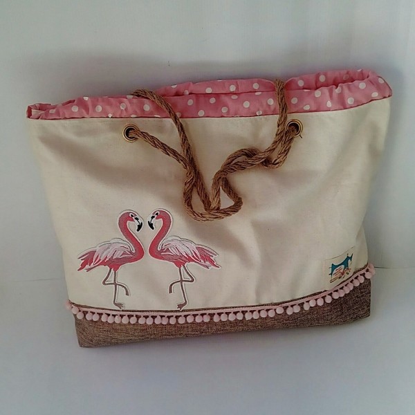 The flamingos beach bag! - βαμβάκι, καμβάς, πουά, τσάντα, κορδόνια, παραλία, flamingos, θαλάσσης - 2