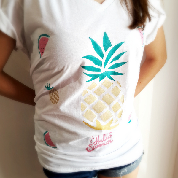 ''Pineapple'' T-shirt! - βαμβάκι, fashion, καλοκαιρινό, ζωγραφισμένα στο χέρι, μοναδικό, μοντέρνο, γυναικεία, καλοκαίρι, καρπούζι, must, unique