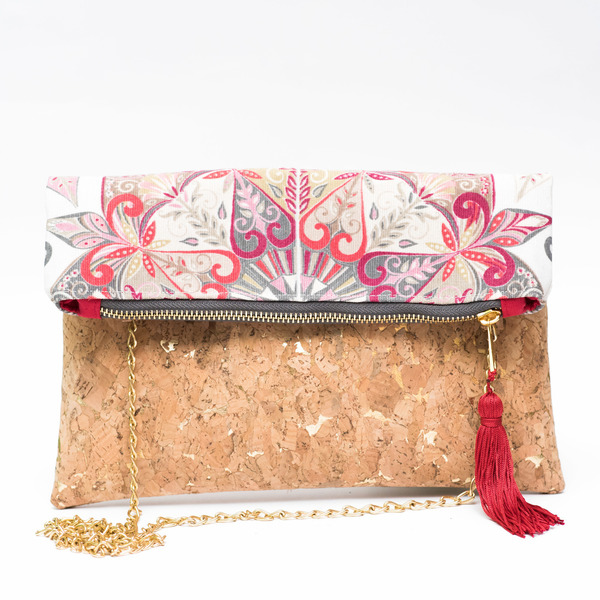 Τσάντα Φάκελος από Φελλό και Ύφασμα " Gloriosa " - ύφασμα, αλυσίδες, αλυσίδες, φάκελοι, με φούντες, τσάντα, χειροποίητα, unique, boho, φελλός