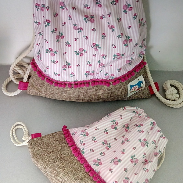 Mummy&daughter bags!!! - ύφασμα, βαμβάκι, κορίτσι, πλάτης, pom pom, τσάντα, μαμά, δωράκι, σετ, θαλάσσης - 2