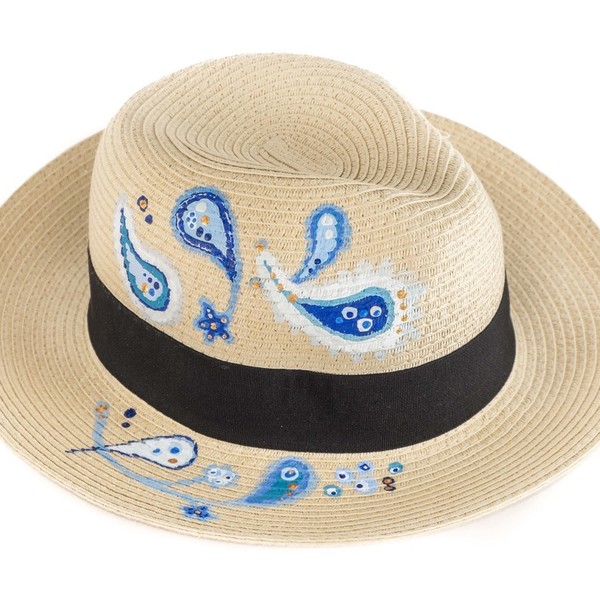 BLUE PAISLEY HANDPAINTED FEDORA ΗΑΤ - ζωγραφισμένα στο χέρι, καλοκαίρι, παραλία, καπέλα, ψάθινα - 2