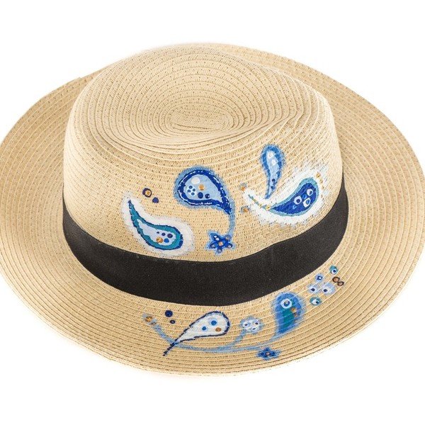 BLUE PAISLEY HANDPAINTED FEDORA ΗΑΤ - ζωγραφισμένα στο χέρι, καλοκαίρι, παραλία, καπέλα, ψάθινα - 3