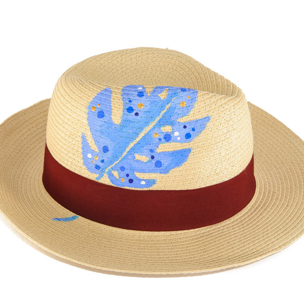 BLUE PHILODENDRON HANDPAINTED FEDORA HAT - μπλε, ζωγραφισμένα στο χέρι, φύλλο, καπέλο