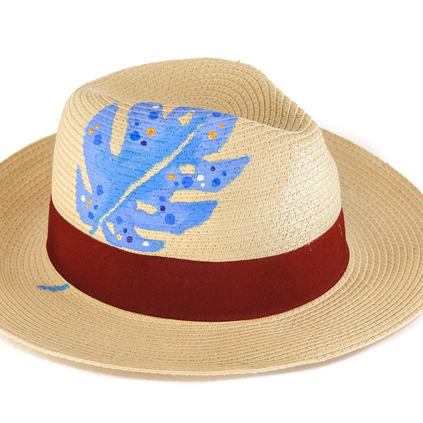 BLUE PHILODENDRON HANDPAINTED FEDORA HAT - μπλε, ζωγραφισμένα στο χέρι, φύλλο, καπέλο - 2