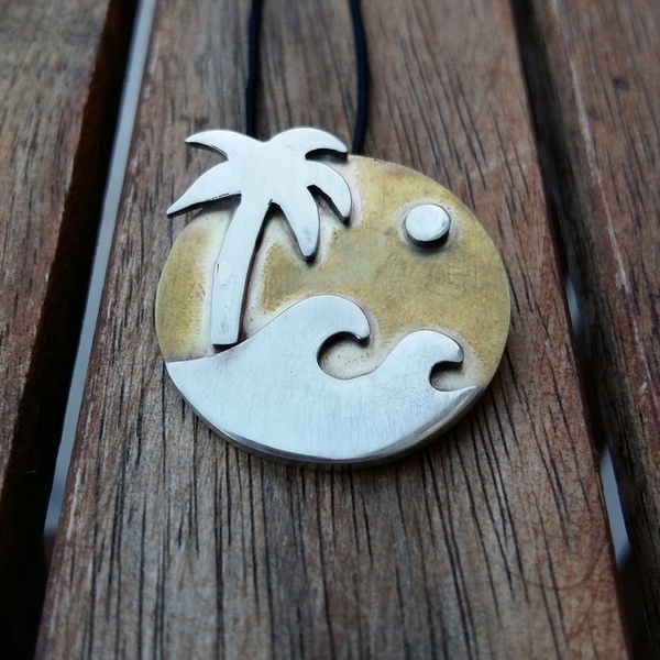 _island necklace - handmade, μοναδικό, καλοκαίρι, αλπακάς, δέντρα, ήλιος, μακραμέ, κολιέ, χειροποίητα, summer, θάλασσα, unique, boho, μπρούντζος, κρεμαστά - 2