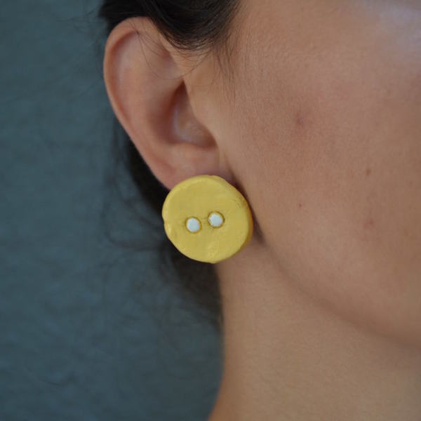 ''Yellow button'' earrings - ασήμι, μοντέρνο, ασήμι 925, σμάλτος, πηλός - 2