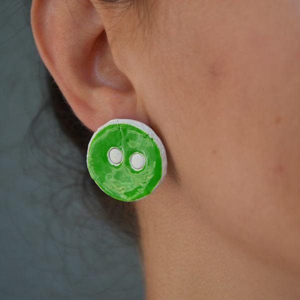 ''Green button'' earrings - ασήμι 925, σμάλτος, πηλός - 4