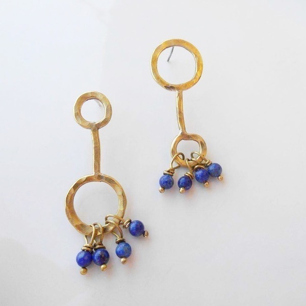 Aztec ασύμμετρα statement σκουλαρίκια με lapis lazuli - statement, μοντέρνο, επιχρυσωμένα, ορείχαλκος, κορίτσι, χειροποίητα