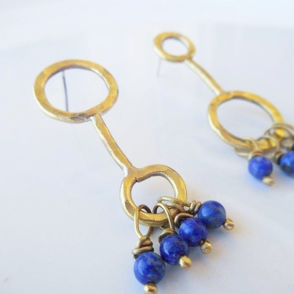 Aztec ασύμμετρα statement σκουλαρίκια με lapis lazuli - statement, μοντέρνο, επιχρυσωμένα, ορείχαλκος, κορίτσι, χειροποίητα - 2