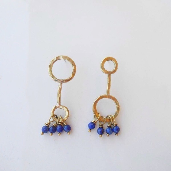 Aztec ασύμμετρα statement σκουλαρίκια με lapis lazuli - statement, μοντέρνο, επιχρυσωμένα, ορείχαλκος, κορίτσι, χειροποίητα - 3