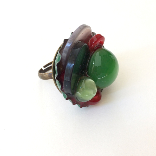 Green button ring - γυαλί, γυαλί, γυναικεία, δαχτυλίδι, χειροποίητα, μπρούντζος - 2