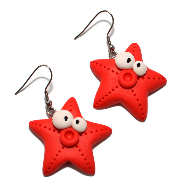 Καλοκαιρινά σκουλαρίκια σε σχήμα χαρούμενου κόκκινου αστερία - πηλός