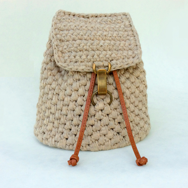 Backpack crochet μπεζ - δέρμα, δέρμα, crochet, σακίδια πλάτης, all day, βαμβακερές κορδέλες, πλεκτή - 2