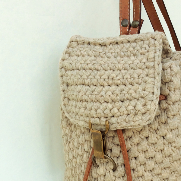 Backpack crochet μπεζ - δέρμα, δέρμα, crochet, σακίδια πλάτης, all day, βαμβακερές κορδέλες, πλεκτή - 4