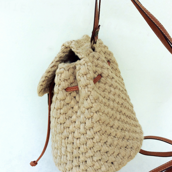 Backpack crochet μπεζ - δέρμα, δέρμα, crochet, σακίδια πλάτης, all day, βαμβακερές κορδέλες, πλεκτή