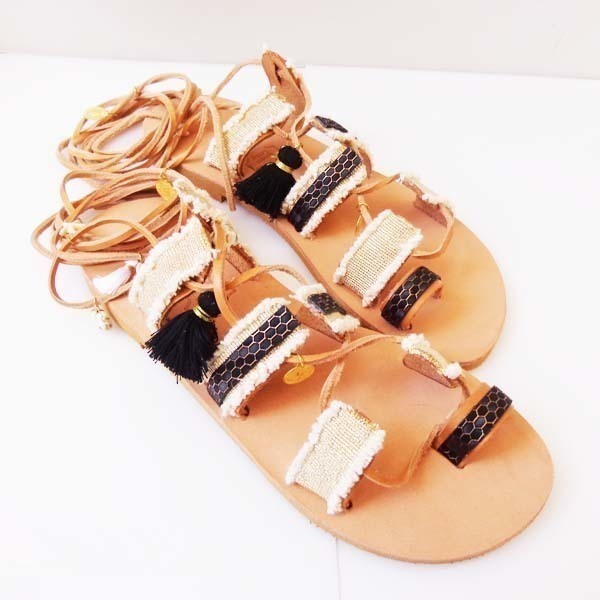 Leather boho sandals - δέρμα, γυναικεία, με φούντες, σανδάλια, χειροποίητα, boho