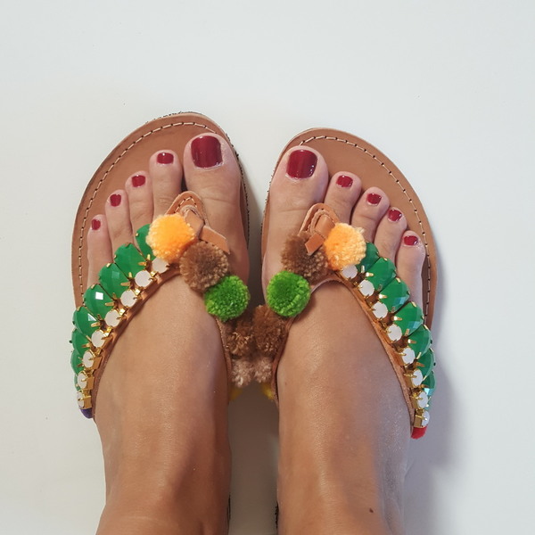 Boho sandals no.39 - πέτρες, boho, φλατ, Black Friday, slides, φθηνά
