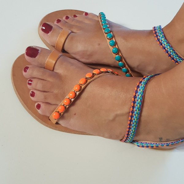 Boho sandals no.39 - δέρμα, πέτρες, boho, φλατ, Black Friday, ankle strap, φθηνά - 2