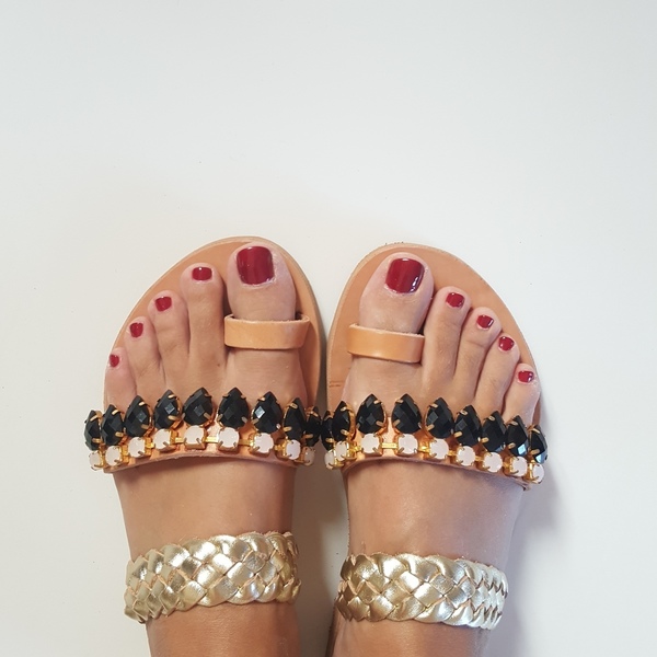 Boho sandals no.39 - στρας, πέτρες, boho, φλατ, Black Friday, slides