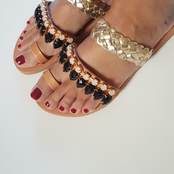 Boho sandals no.39 - στρας, πέτρες, boho, φλατ, Black Friday, slides - 2