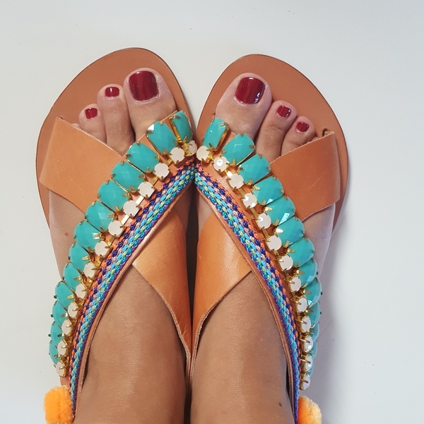Boho sandals no.40 - χιαστί, πέτρες, boho, φλατ, Black Friday