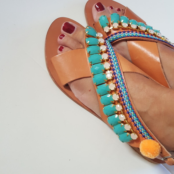 Boho sandals no.40 - χιαστί, πέτρες, boho, φλατ, Black Friday - 2